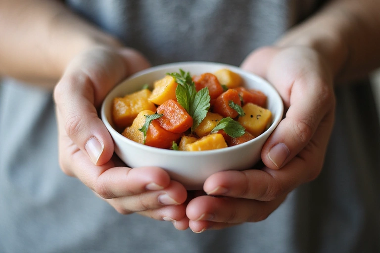 A person enjoying a mindful meal, focusing on the food and its textures, illustrating mindful eating practices.