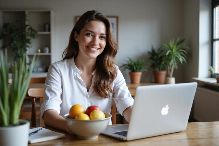 Woman having an online video call with a nutritionist, smiling and holding a healthy snack